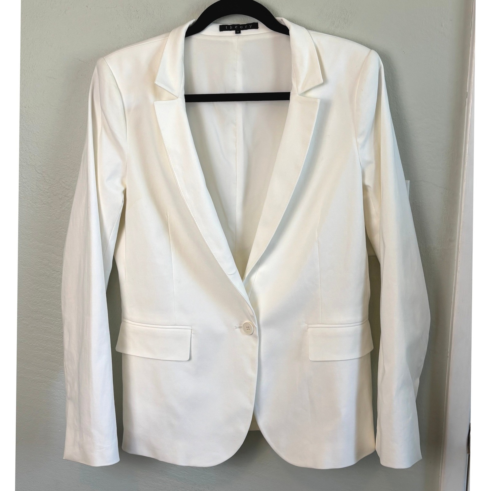 Theory Blazer White Womens Size 12 Single Button Cotton Blend Tailored Jacket